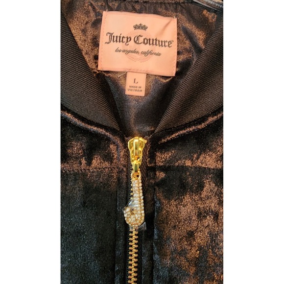 Juicy Couture Black Velvet Puffer Bomber Jacket Gold Zipper Charm‎ L NEW EXC - Picture 3 of 9